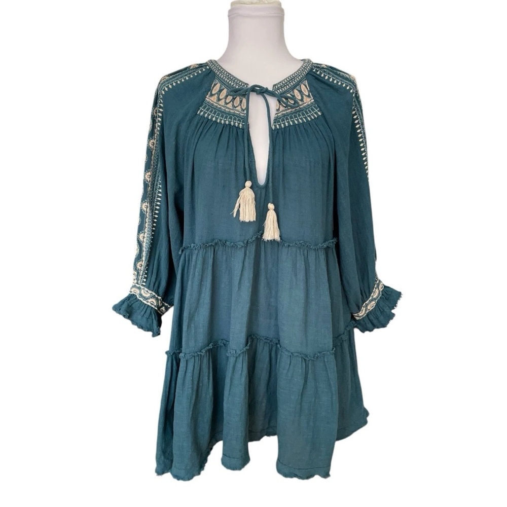 Free People Embroidered Boho Peasant Tunic Top Teal Blue Women’s Medium - Picture 3 of 16